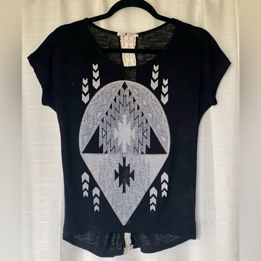 Blu Planet Knit Alien Blouse with crochet lace Black Size S